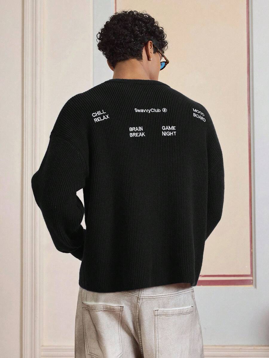SWAVVY Men's Casual Loose Fit Crew Neck Long Sleeve Knit Sweater - Black - View 1