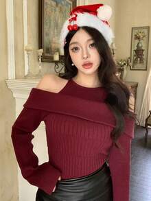 DAZY Damen eleganter Off-Shoulder einfarbiger Pullover, Herbst - Bordeaux - Übersicht 8