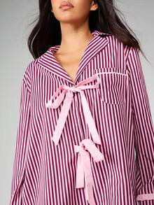 MISSGUIDED 条纹长袖睡衣套装，前系带设计，居家休闲舒适 - 粉色 - 查看 6