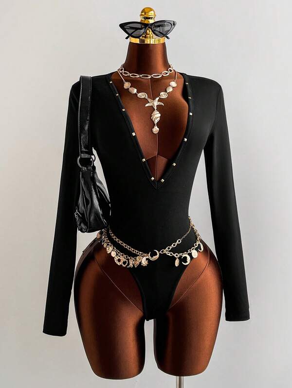 EgrlEra Black High Stretch Knit Fabric Rhinestone Decor Deep V Bodysuit For Women, Autumn/Winter , Minimalist Versatile, Sexy Retro Chic, Suitable For Party, Date, Casual Daily Wear