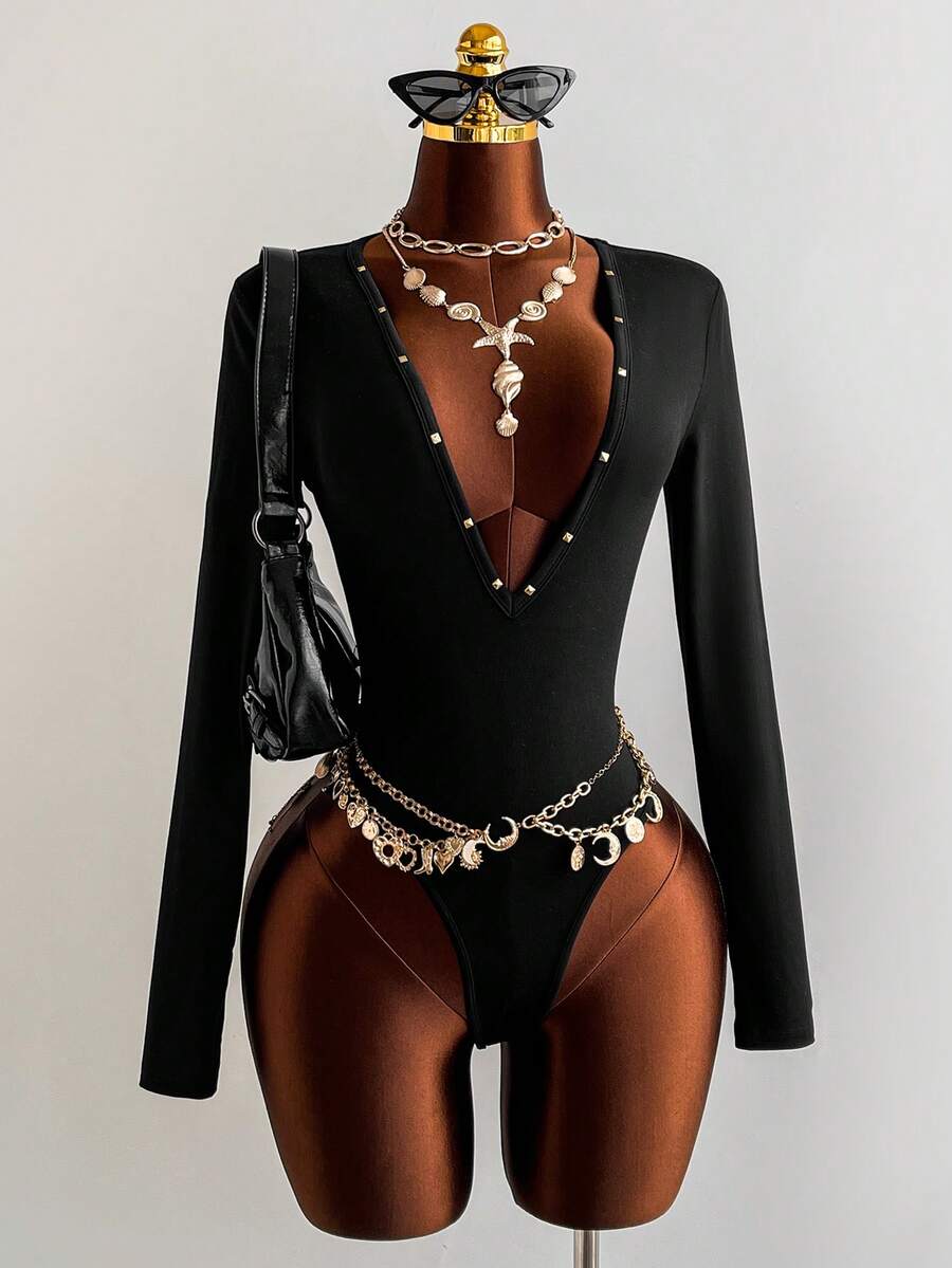 EgrlEra Black High Stretch Knit Fabric Rhinestone Decor Deep V Bodysuit For Women, Autumn/Winter , Minimalist Versatile, Sexy Retro Chic, Suitable For Party, Date, Casual Daily Wear - Black - View 1