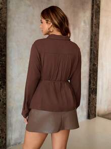 Roveilla 大码女式法式优雅奢华时尚圣诞派对休闲简约高端设计度假工作装复古风格纯色衬衫领半开襟侧系带长袖衬衫，春/秋/冬 - 棕色 - 查看 2