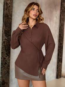 Roveilla 大码女式法式优雅奢华时尚圣诞派对休闲简约高端设计度假工作装复古风格纯色衬衫领半开襟侧系带长袖衬衫，春/秋/冬 - 棕色 - 查看 4