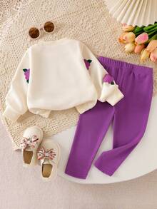 SHEIN Playful Pals Baby Mädchen Lässiges, süßes Sweatshirt Set, 3D gehäkelter Blume Muster Pullover und gestrickte Leggings, Herbst - Violett - Übersicht 2