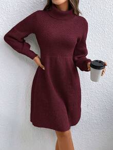 SHEIN Frenchy Turtleneck Lantern Sleeve Knitted Dress In Fall/Winter Christmas
