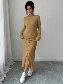 Elenzga طقم كنزة صوفية بياقة طاقم وأكمام طويلة ذات لون واحد وتنورة أمامية مقسومة الذيل - كاكي - مشاهدة 5