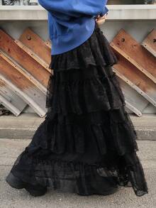 FRIFUL Women's Solid Color Elastic Waist Contrast Lace Pleated Skirt, Loose Casual Versatile Long Skirt, Autumn/Winter - Black - View 5