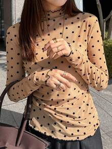 FRIFUL 女款波點印花荷葉邊立領長袖百褶時尚襯衫 夏季 - 杏色 - 查看 3
