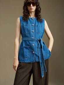 Ontre Women's Casual Washed Denim Sleeveless Jacket With Belt, Simple And Elegant Business Casual Outerwear For Autumn/Winter - Medium Wash - View 6