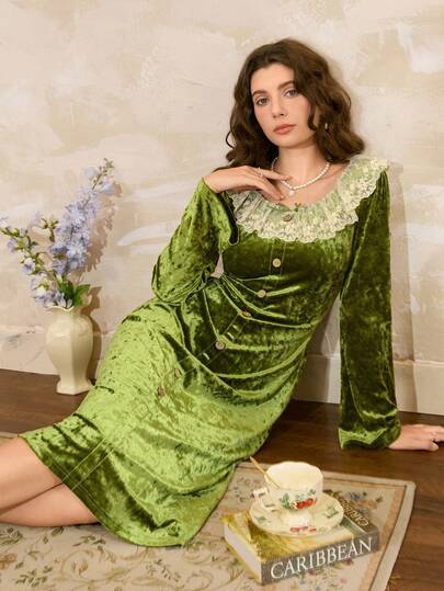 Côtesoire Elegante French Romantic Kanten Ruffle Splice Fluwelen Button Women Nightgown Groen Dress view 4