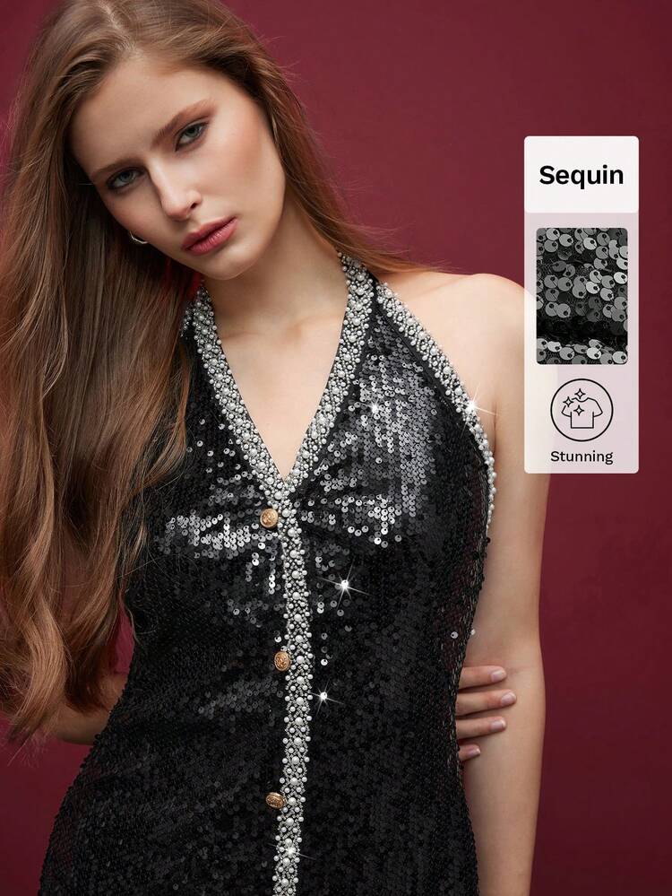 SHEIN Maija Black Sequin Backless Criss-Cross Strap Mini Dress, Suitable For Party, Celebration, Christmas Women Dresses Autumn Winter Elegant Dresses For Party V-Neck Top High Neck Halter Top Harlem Nights Top Sequin Dress Stylish Clothing Collection Sparkly Dress New Year Dress Elegant Party Dresses For Women Women's Summer Dresses