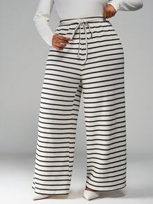 SHEIN PETITE CURVE Plus Size Women's Front Tie Striped Minimalist Casual Pants, Everyday Wear - Black and White - View 4
