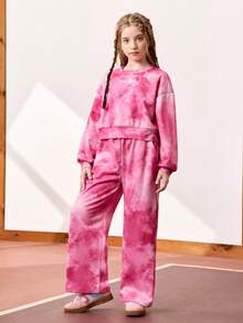 JNSQ Conjunto de 2 piezas para niñas preadolescentes - Sudadera con mangas largas y efecto tie-dye y pantalón de chándal de pierna recta holgada, adecuado para otoño, invierno, uso diario, actividades al aire libre, vacaciones, ropa urbana, fiestas y casual - Rosa - Ver 4