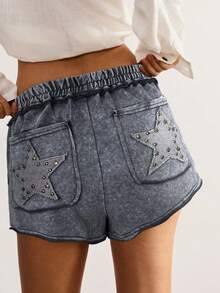 Bohemela 女士休闲水洗铆钉短裤，夏季 - 灰色 - 查看 2