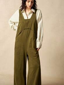 Bohemela 女式夏季休闲纯色针织插袋阔腿宽松连体裤，适合复活节和音乐节波西米亚风格 - 軍綠色 - 查看 3