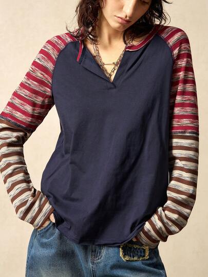 Bohemela قميص نسائي بياقة على شكل حرف V، أكمام طويلة، فضفاض، بتصميم بوهيمي كاجوال من الحياكة والرقع والخطوط الملونة، مناسب للخريف والشتاء