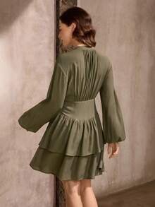 Wildy Women's Casual Textured Ruffle Hem Mini Dress, Suitable For Everyday Wear In Autumn/Winter - Green - View 2