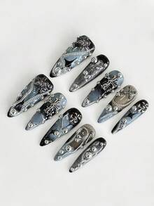 ROMWE Grunge Punk Bộ 10 móng giả kiểu Y 2 K hình chữ thập, dây chuyền nhện, hạt bạc, vẽ tay chất lượng cao + 3 miếng băng dính hai mặt, có thể tháo rời và tái sử dụng, màu sắc tương phản thay đổi dần, móng giả dài hình hạnh nhân được vẽ tay, thích hợp cho các bữa tiệc, khiêu vũ và sử dụng hàng ngày. - Nhiều màu - Xem 6