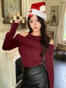 DAZY Damen eleganter Off-Shoulder einfarbiger Pullover, Herbst - Bordeaux - Übersicht 3