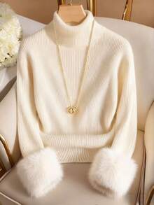 Franclia Women's High Neck Drop Shoulder Long Sleeve Casual Fitted Knit Pullover T-Shirt - Apricot - View 4