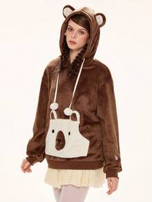 ROMWE Kawaii 女士可爱熊耳卫衣，毛绒面料，绣有熊掌图案 - 棕色 - 查看 6