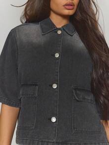 MUSERA Oversized Boxy Fit Washed Denim Shirt Top Only Fall Autumn Winter Streetwear Cool Night Out Everyday Sexy Onyx Spring Summer - Black - View 2