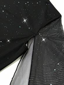 Rafferiza Damen Maxikleid mit hohem Kragen, Pailletten-Mesh, Schlitz, Trompetenärmel, taillierter Passform und Fischschwanz-Saum