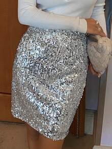 Livesso Sequin Mini Skirt, Elegant For New Year, Christmas, Party, Wedding, Banquet, Autumn/Winter Carnival - Silver - View 5