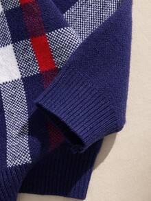 SHEIN Áo len dệt kim kẻ caro thời trang thường ngày cho bé trai, tay dài, mùa thu/đông - Xanh đậm - Xem 4