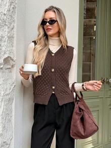 Serisse Colete feminino casual de tricô, cor sólida, decote em V e abotoamento simples, ideal para outono/inverno. Colete de tricô feminino, cardigã sem mangas, blusa marrom, cardigã marrom, suéter marrom, colete estilo western, blusa de tricô texturizado, colete de tricô grosso. - Castanho - Ver 7