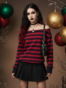 SHEIN EZwear 女士露肩宽松休闲长袖薄款卫衣，黑红条纹印花，秋冬 - 彩色 - 查看 3