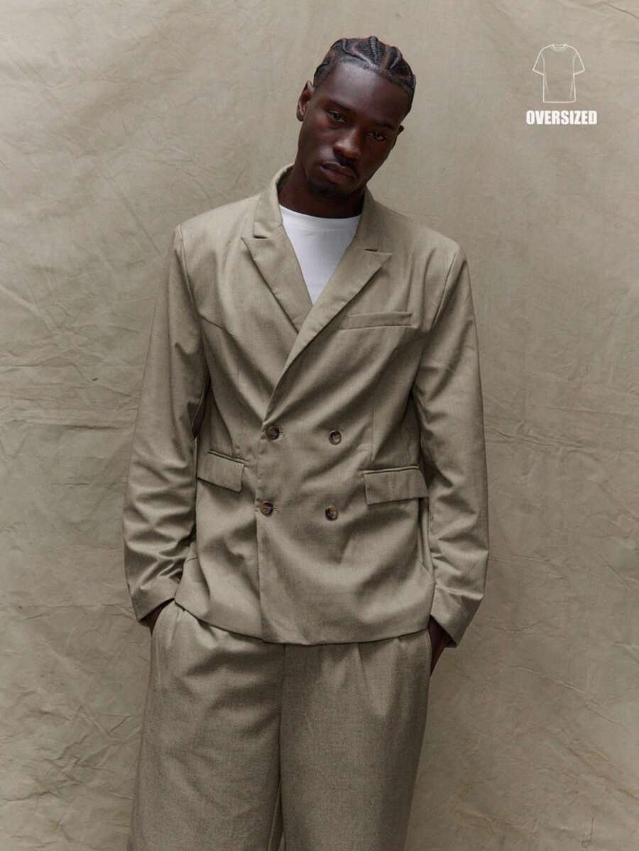 Musero Áo blazer dáng suông hai hàng cúc, ve áo lớn, tay dài, vai độn, chỉ dành cho mùa Thu/Xuân/Hè. - Xám - Xem 1