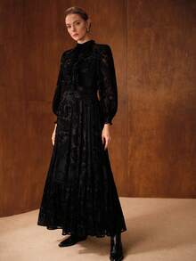 MOTF PREMIUM FLOCKING NOTCHED V NECK RUFFLE HEM DRESS