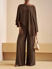 Zivah 2025 New Fall And Winter Women Clothes Casual Commuting Brown Loose One-Shoulder Irregular Top + High Waist Wide-Leg Trousers Women Two Pieces Set, ,Back To School,Country Concert Outfit,Homecoming,Halloween,Christmas,Brunch Outfits For Women,Going Out Outfits , Church Outfits Women,Travel, Shopping-A,Fall,Fall Clothes For Women,Women's Winter Clothes - Coffee Brown - View 5