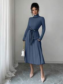 SHEIN Elenzya Váy len peplum viền tương phản, cổ cao ôm sát thanh lịch dành cho nữ, mùa thu/đông - Màu xanh bụi bặm - Xem 5
