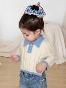 DAZY Sweater Lengan Panjang Berkerah Warna Kontras Kasual untuk Balita Perempuan, Gaya Korea - Aprikot - View 6