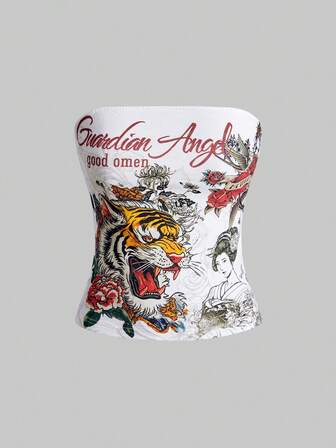 Grunge Punk Top corto ajustado con estampado de tatuaje falso de vid y tigre estilo Y2K retro