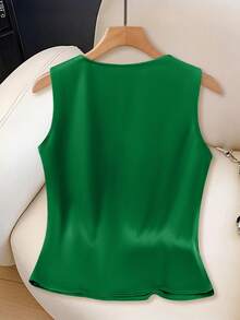 EMERY ROSE 女式纯色V领褶皱休闲无袖宽松衬衫 - 綠色 - 查看 2