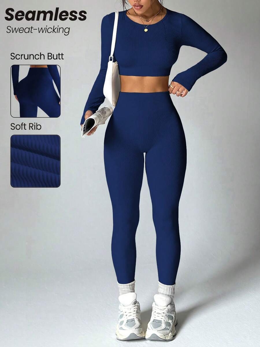 SHEIN Dewbera Conjunto deportivo de top de manga larga y pantalones de cintura alta de unicolor y alta elasticidad para mujer - Azul Marino - Ver 1
