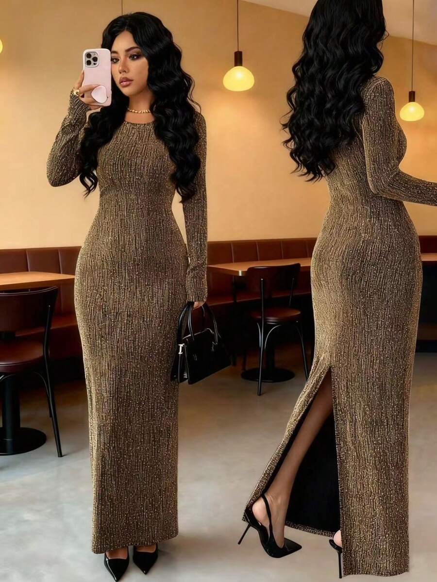 Elenzga 女式水钻装饰修身长裙 - 金色 - 查看 1