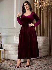 Modelyn 优雅丝绒水钻装饰方领长袖荷叶边A字连衣裙，尺码齐全，适合春秋季穿着。 - 酒紅色 - 查看 3