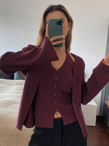 DAZY 2 件套女士优雅纯色吊带背心开衫套装，秋季 - 紫色 - 查看 3