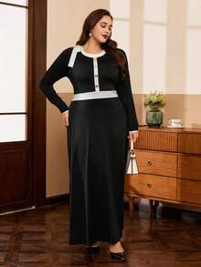 Auvina 大码女式时尚优雅撞色连衣裙 - 黑與白 - 查看 7