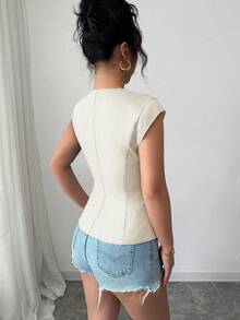 Selianne Women's Round Neck Cap Sleeve Fitted Vest Shirt - Apricot - View 2