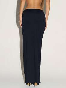 MUSERA Silver Trim Low Ruched Waist Slinky Maxi Skirt Autumn Fall  Going Out Casual Cute Sexy Night Out Cool Party Summer - Black - View 4