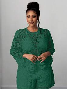 Maweii Chiếc áo kiểu cỡ lớn màu xanh lá cây thanh lịch, gợi cảm với họa tiết ren hoa này rất phù hợp cho mùa xuân, mùa thu, năm mới và Giáng sinh. Lý tưởng cho trang phục đi nghỉ mát, mùa hè và các bữa tiệc. - màu xanh lá - Xem 3