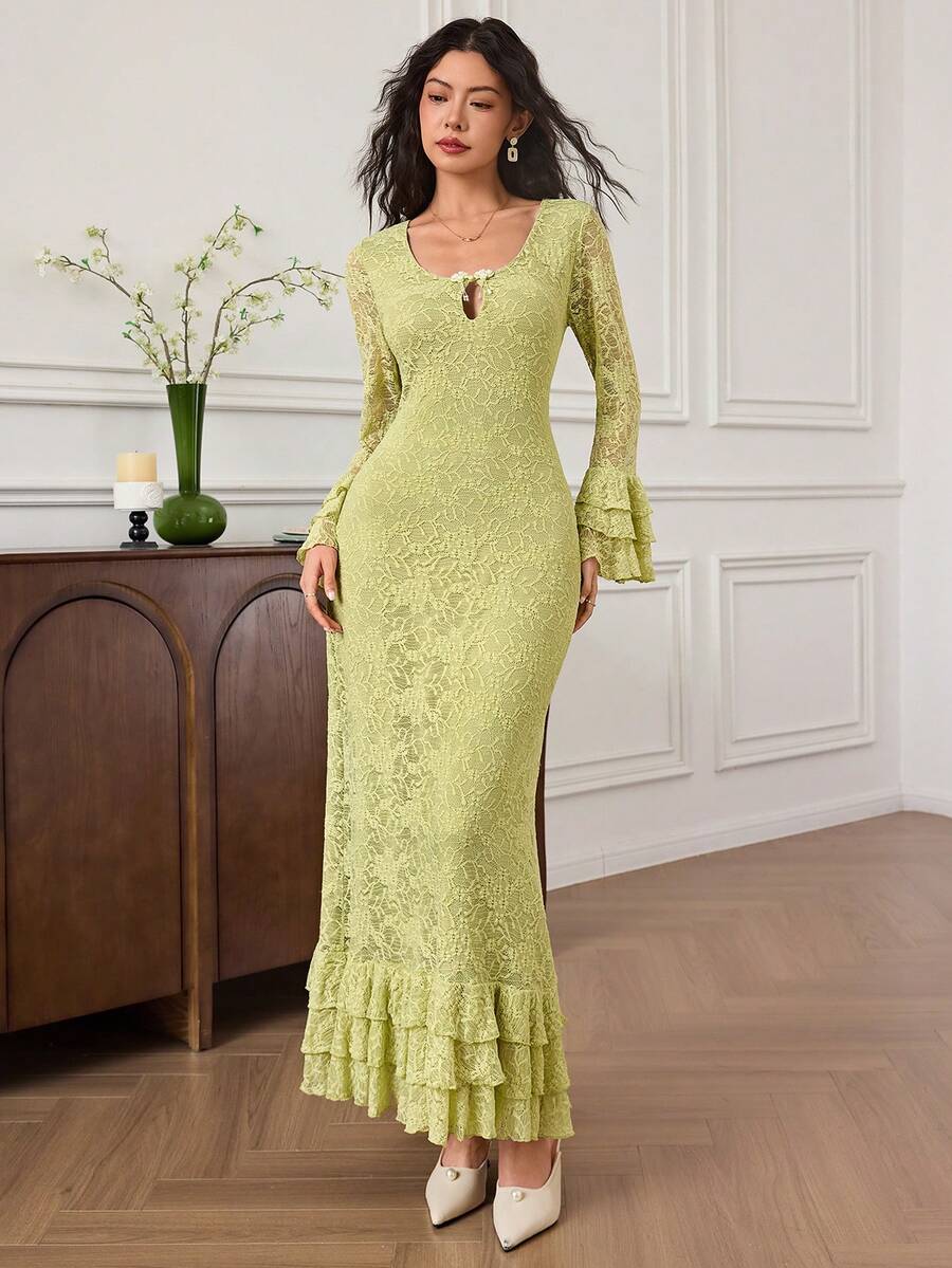 EastFlair Đầm dài tay thanh lịch viền bèo nhún rỗng màu trơn dành cho nữ - Màu xanh Bạc hà - Xem 1