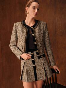 MOTF PREMIUM 粗花呢撞色天鹅绒夹克，秋冬 - 卡其色 - 查看 7