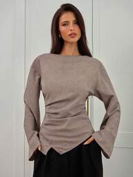 Aloruh Damen Herbst/Winter Neuer Modischer Pendler Taillen Raffung Asymmetrischer Saum Lange Weite Ärmel V-Ausschnitt Pullover Bluse