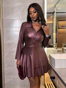 Slaydiva Elegantes Kleid in Große Größen für Damen im Winter, einfarbig, mit PU-Doppelschicht und Rüschenrand, geeignet für Weihnachtskleidung, Neujahrsbekleidung, elegante Partykleider, elegante Damenmode, Alltagskleidung, Bankette, Businesskleidung für Damen, Flughafenmode, Thanksgiving-Kleidung für Damen